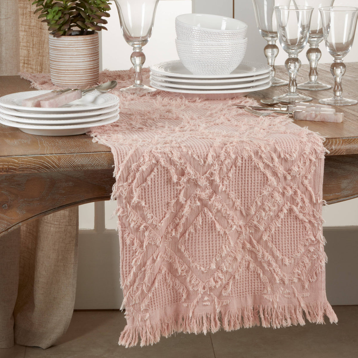 Table Runner - Fringe Waffle Weave Runner: 16"x90" / Rose