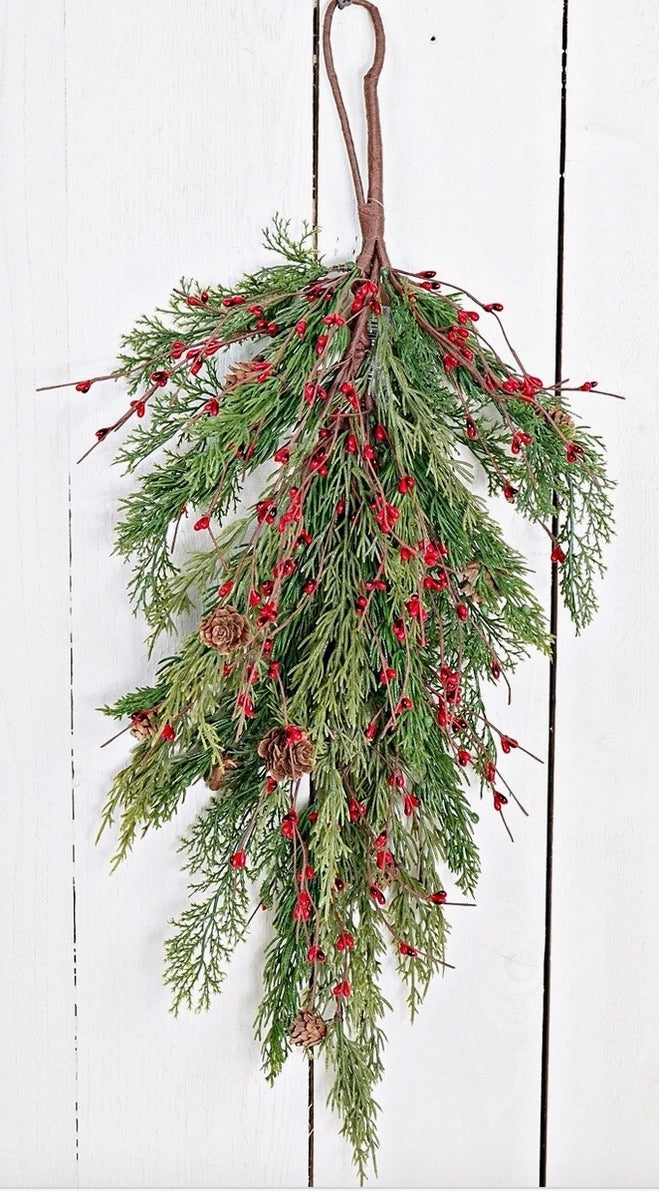 Christmas - Evergreen Pine with red pips Teardrop 30”