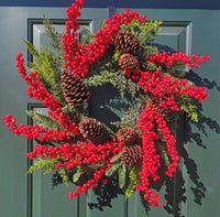 Wreath -Christmas Red Berry Wreath with Pine Cones & Cedar - 24"