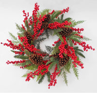 Wreath -Christmas Red Berry Wreath with Pine Cones & Cedar - 24"