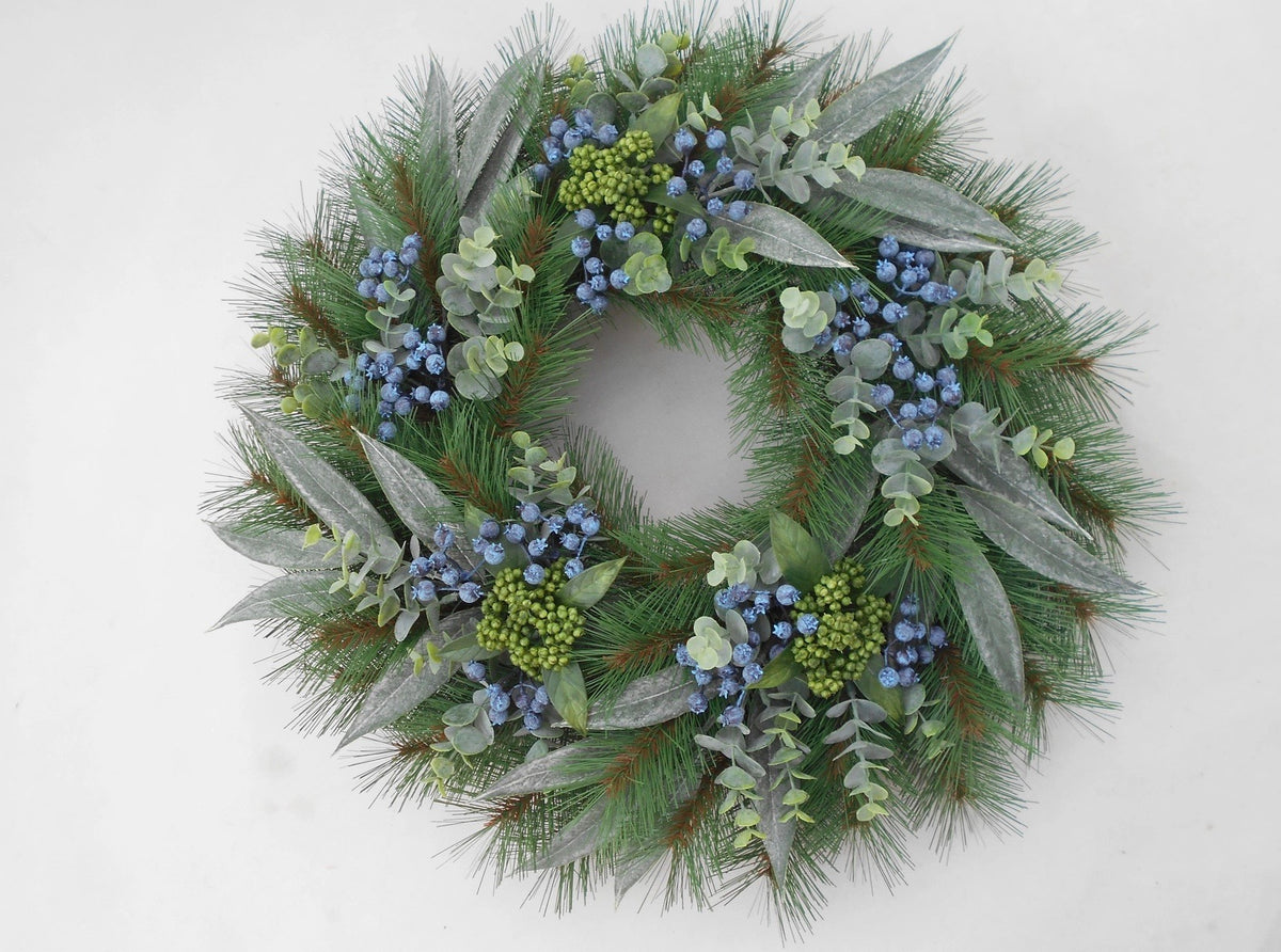 Wreath- Artificial Pine Eucalyptus Blueberry Wreath - 24"