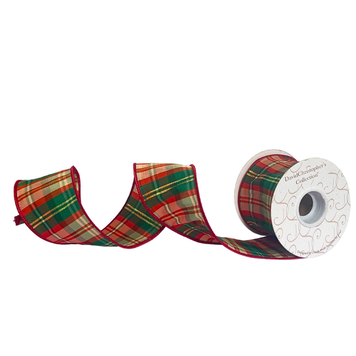 Ribbon - 2.5"X10YD Red/Green With Gold Line Plaid Ribbon. Red Edge